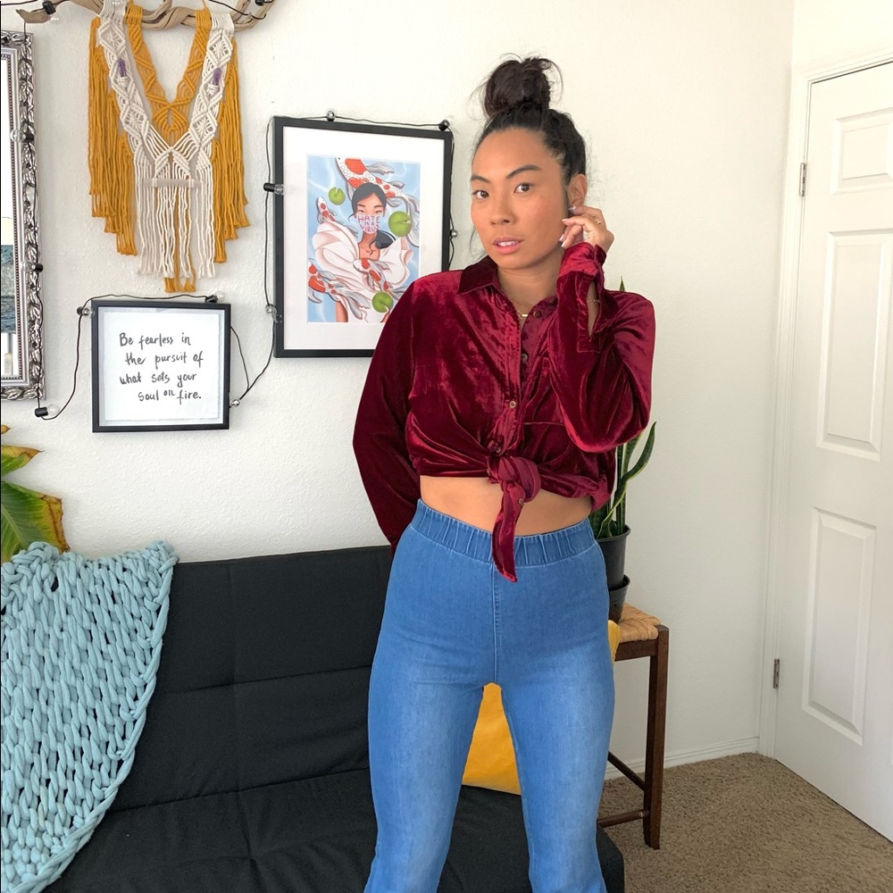 Maeve Red Button Down Crop Blouse